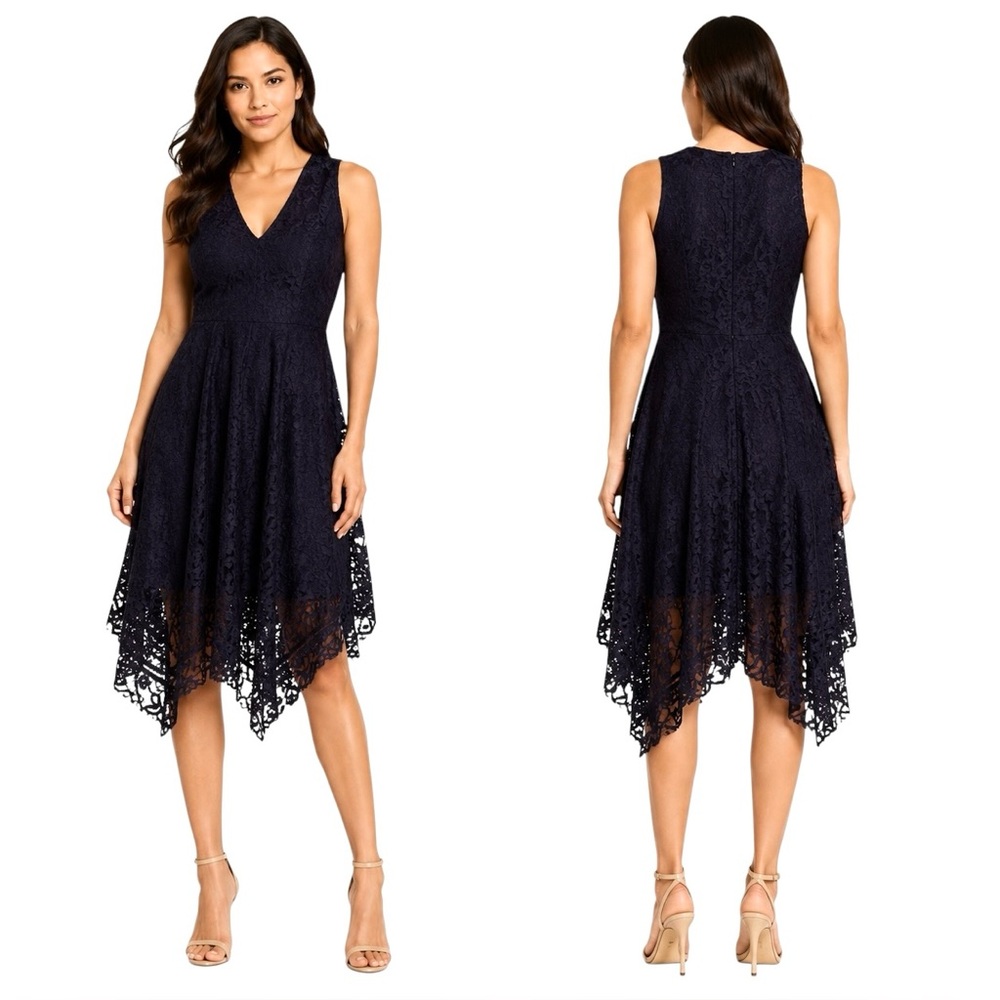 Neiman Marcus Navy Blue Sleeveless Lace Handkerchief Dress Size 10 NWT